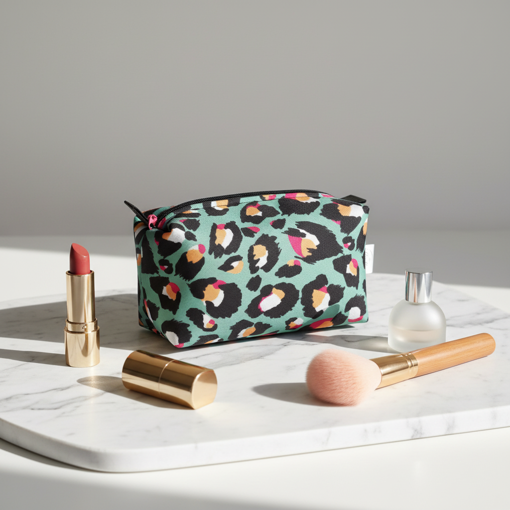 Estuche impermeable Lirallen animal print celeste sobre mármol blanco con accesorios de maquillaje